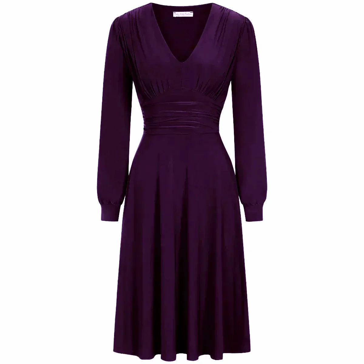 A red long sleeve ruched deep V-neck dress with a knee-length skirt.