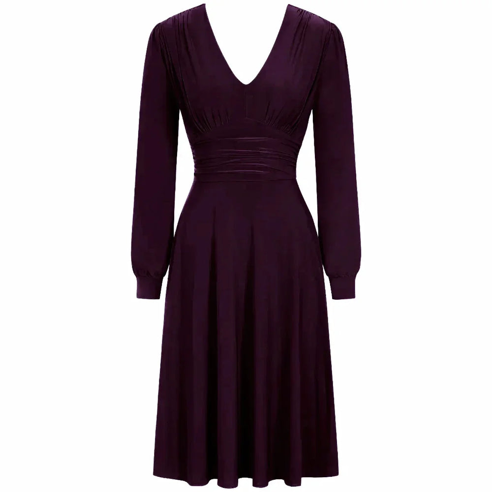 Aubergine Purple Long Sleeve Ruched Deep V Neck Dress