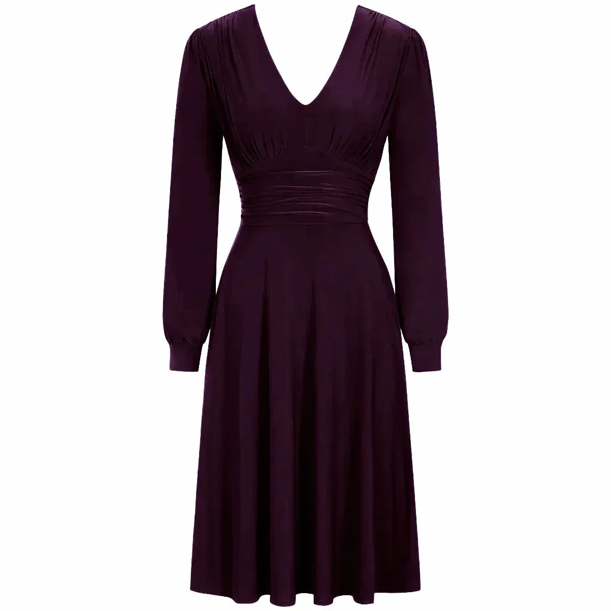 Aubergine Purple Long Sleeve Ruched Deep V Neck Dress