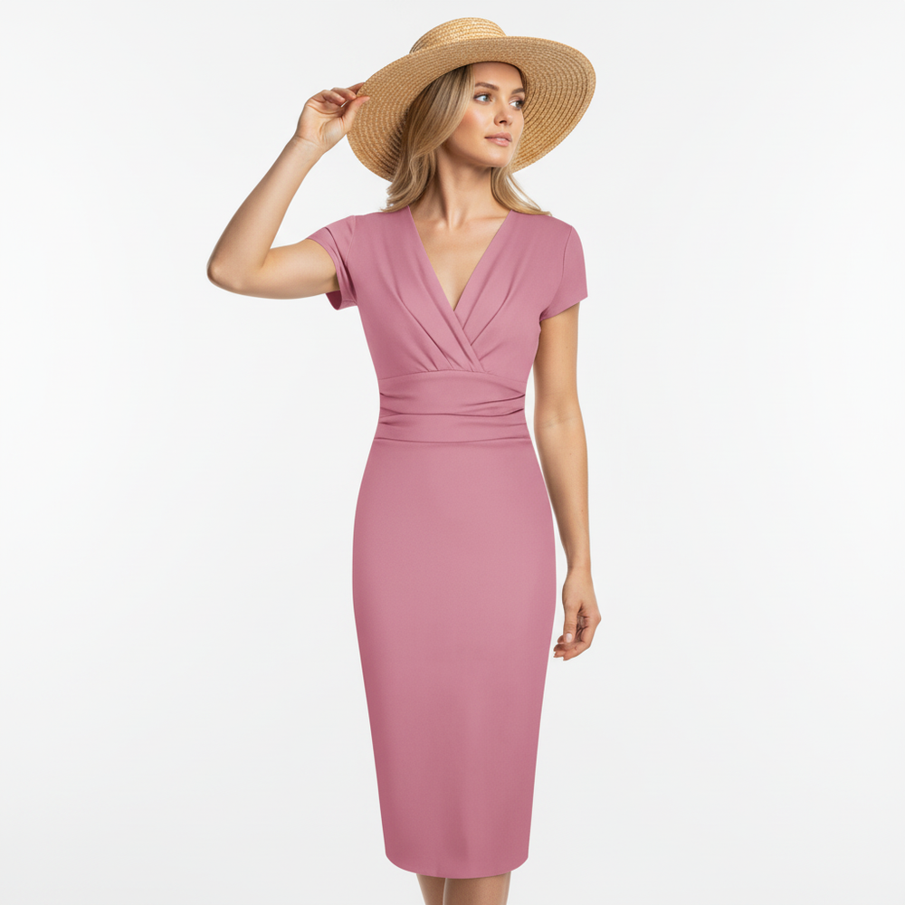 Dusky Pink Deep V Neck Cap Sleeve Ruched Waist Bodycon Wiggle Dress