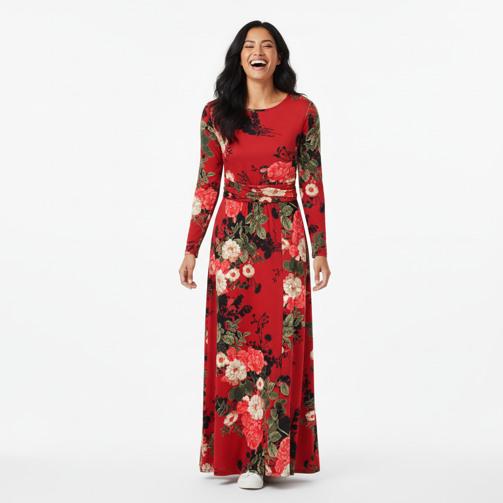 Wine Red Floral Long Sleeve Maxi Dress