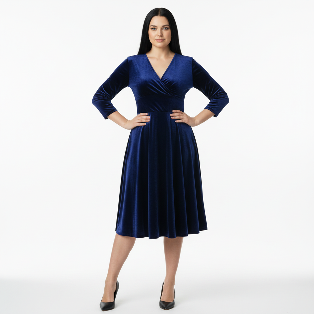 Navy Blue Velour Vintage A Line Crossover 3/4 Sleeve Tea Swing Dress