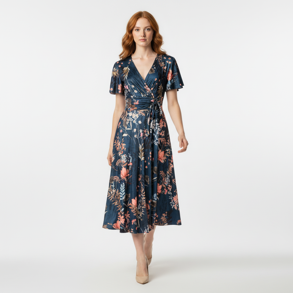 Dark Teal Green Floral Print Cap Sleeve V Neck Wrap Top Swing Dress