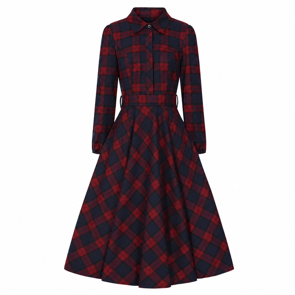 Vintage Red Blue Check Long Sleeve Collar Burns Swing Dress