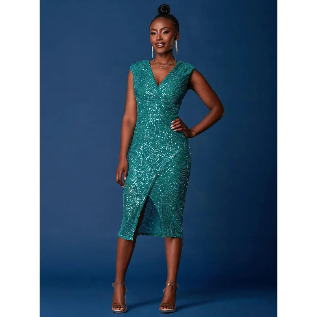 Jolie Moi Teal Green Sleeveless V Neck Split Skirt Sequin Wiggle