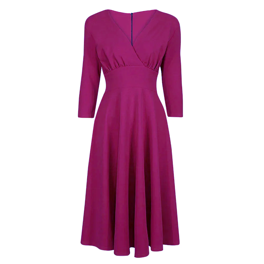 Magenta Crossover Top 3/4 Sleeve A Line 50s Tea Swing Dress