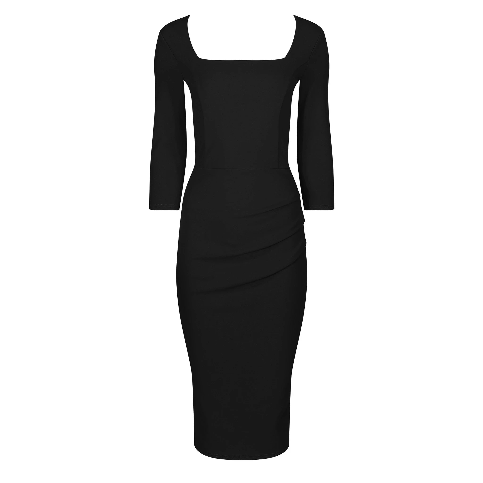 Black 3/4 Sleeve Square Neckline Wiggle Pencil Dress