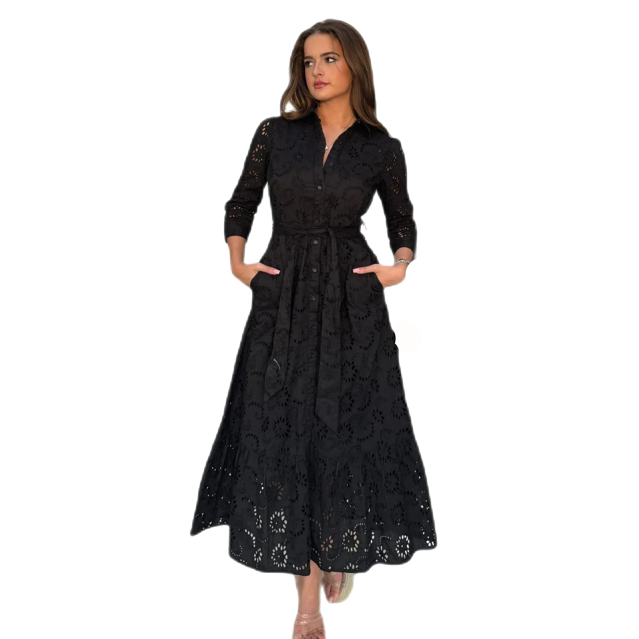 Black Broderie Anglaise Long Shirt Dress with Pockets Pretty Kitty Fashion