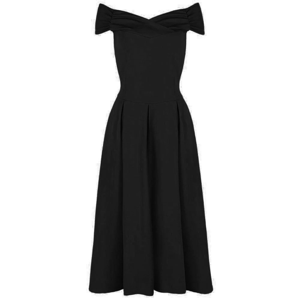 Navy Blue Crossover Vintage Bardot 50s Swing Dress - Pretty Kitty Fashion
