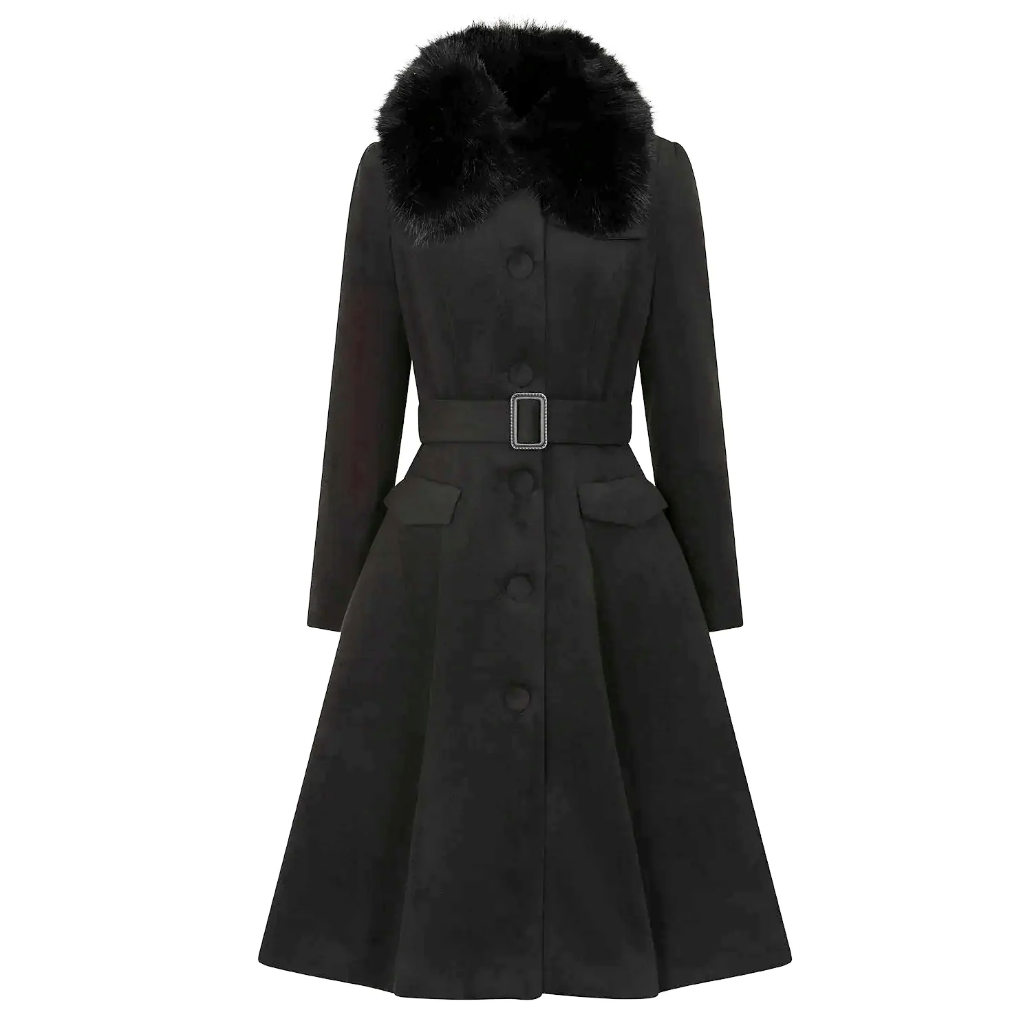 Black Faux Fur Collar Vintage Swing Coat Pretty Kitty Fashion