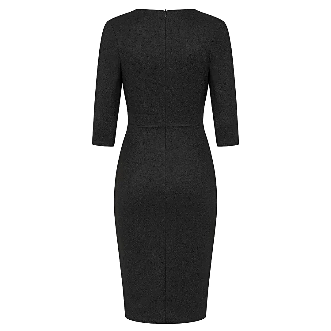 Black Sparkle Deep V 3/4 Sleeve Bodycon Ruched Waist Wiggle Party Dress