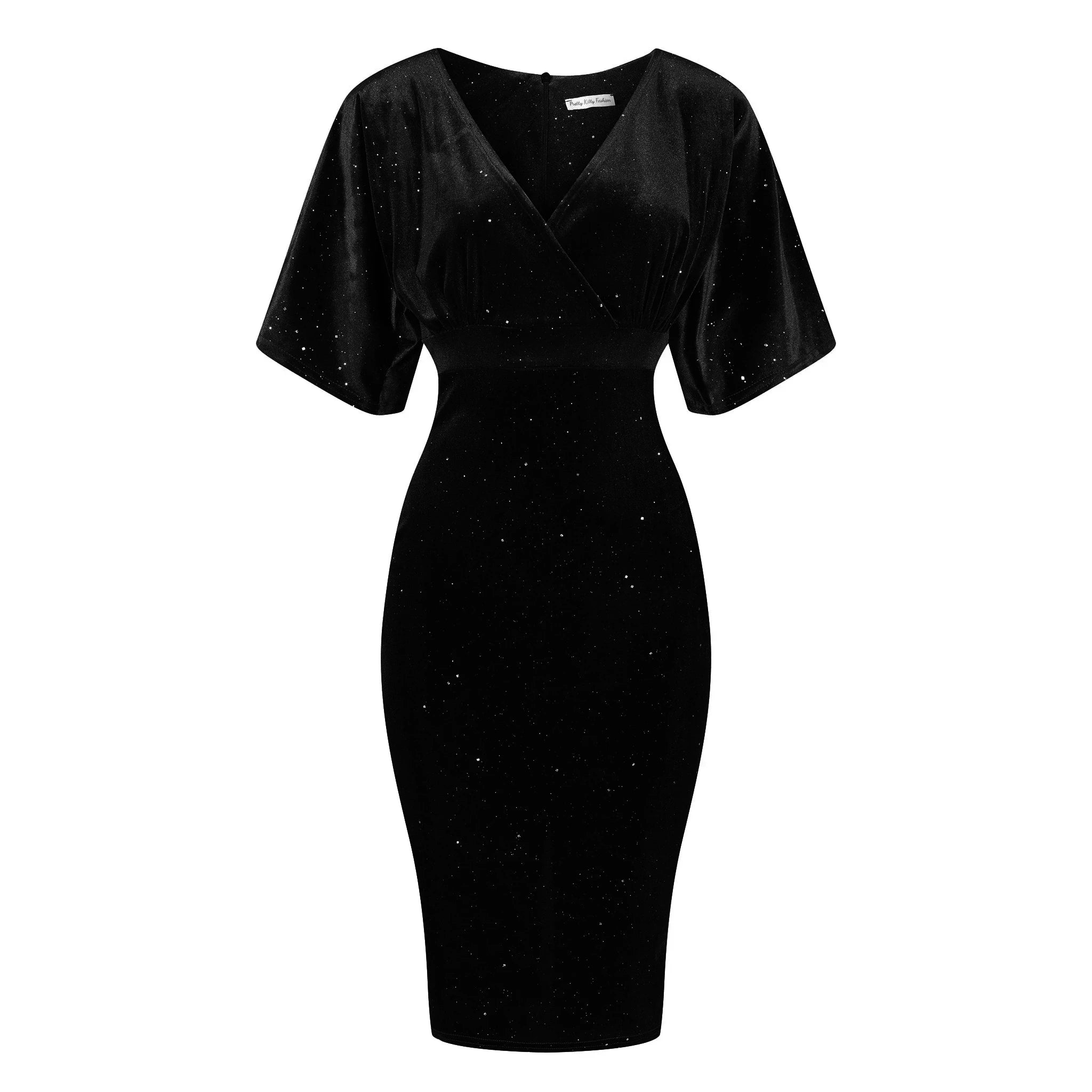 Black Velour Glitter Sparkle Half Batwing Sleeve Crossover Top Wiggle Dress