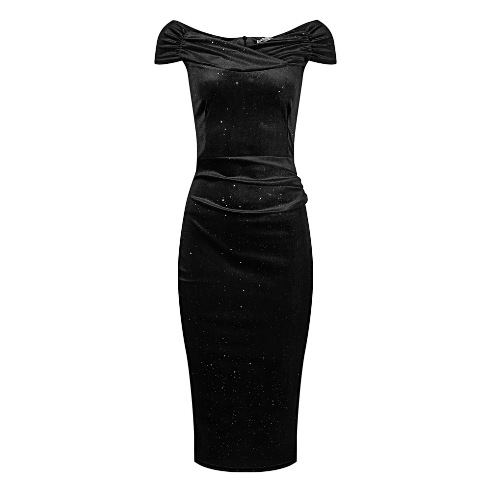 Black Velour Sparkle Cap Sleeve Crossover Top Bardot Wiggle Dress