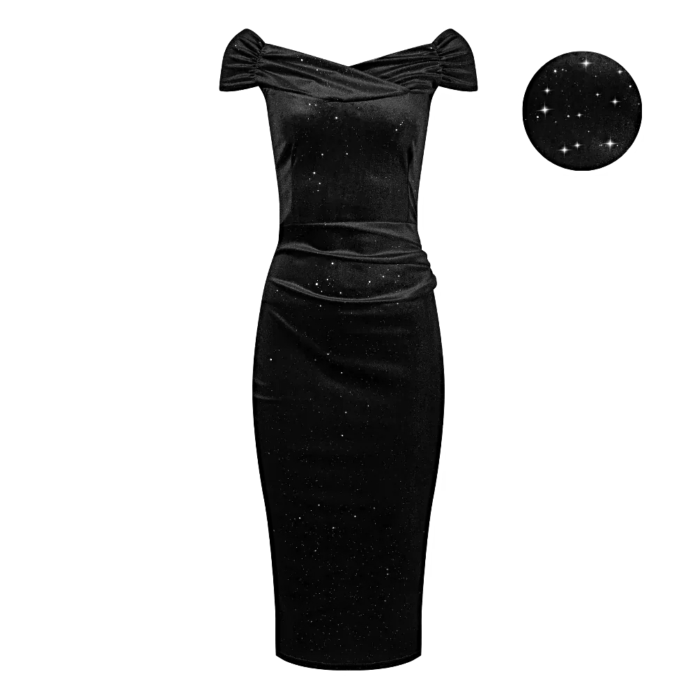 Black Velour Sparkle Cap Sleeve Crossover Top Bardot Wiggle Dress