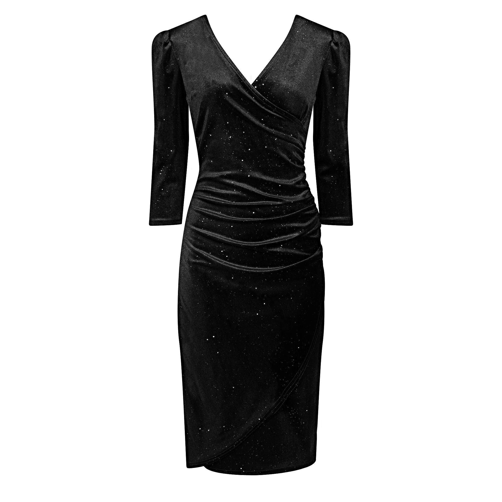 Black Velour Diamante Sparkly Wrapover 3/4 Sleeve Midi Dress