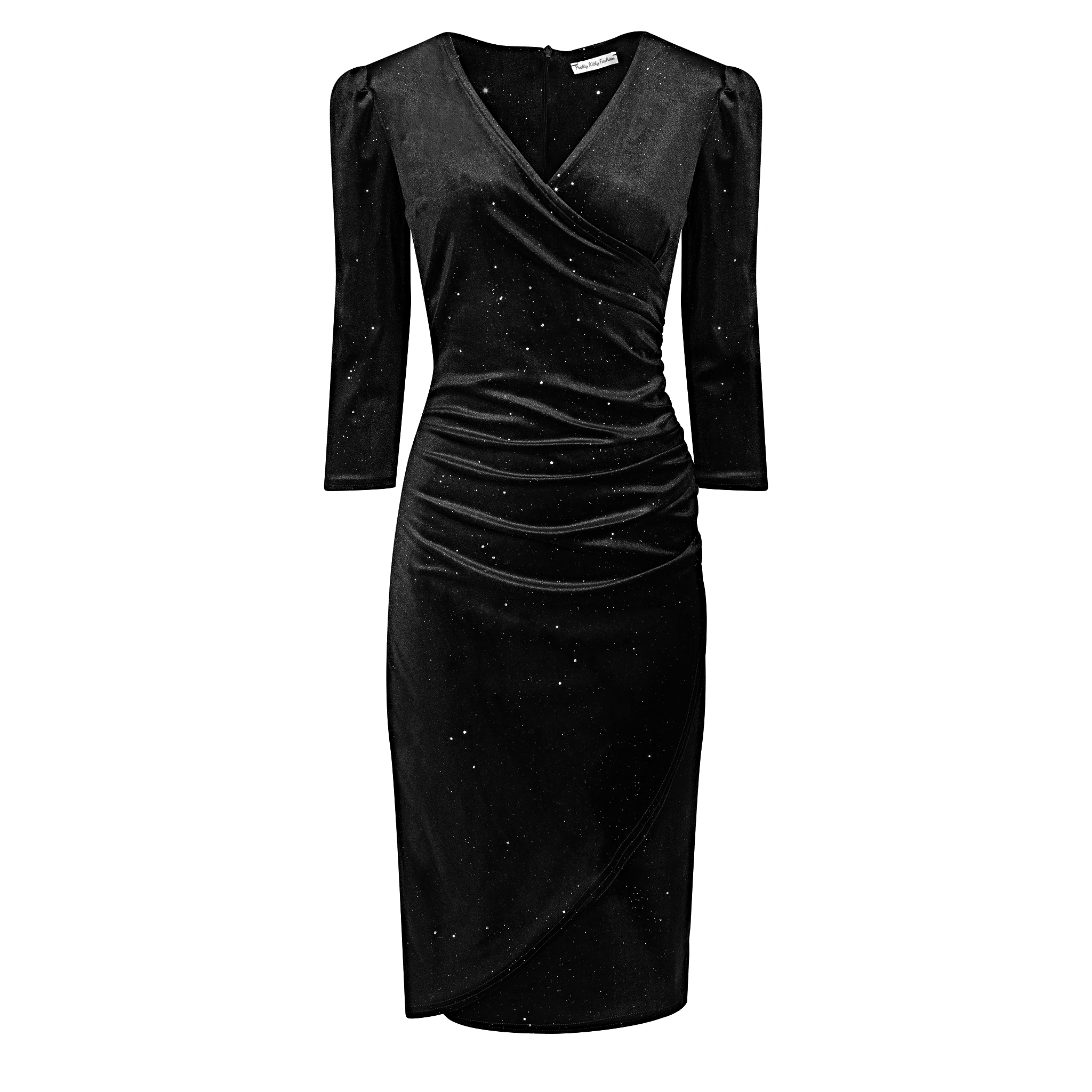 Black Velour Diamante Sparkly Wrapover 3/4 Sleeve Midi Dress