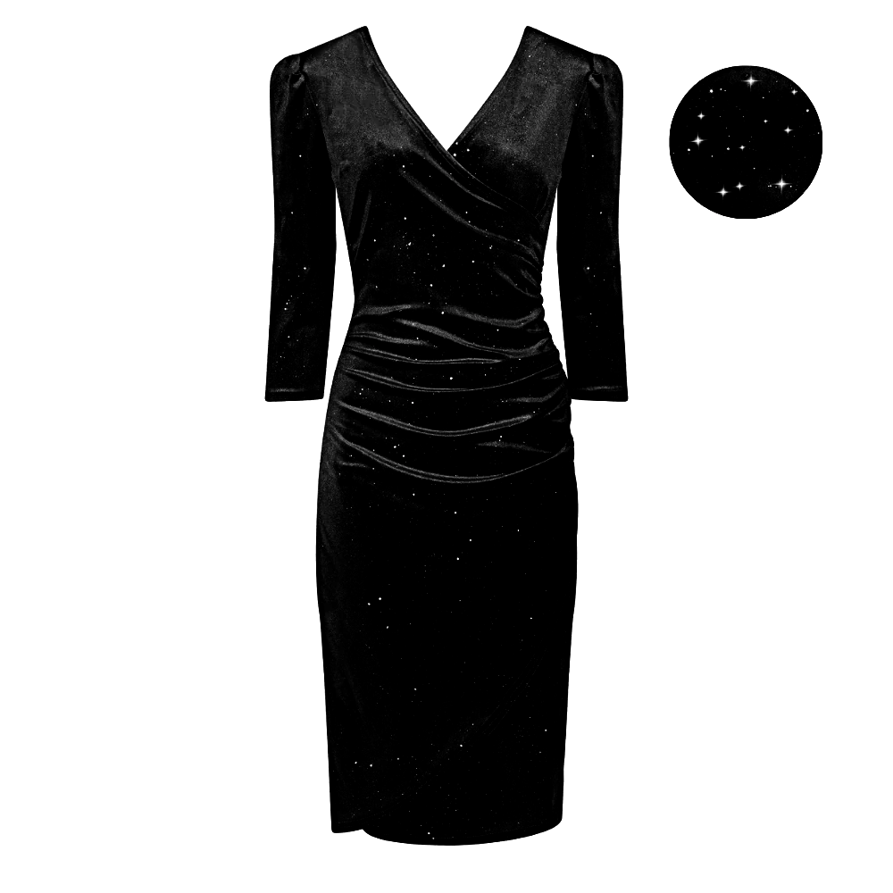 Black Velour Diamante Sparkly Wrapover 3/4 Sleeve Midi Dress