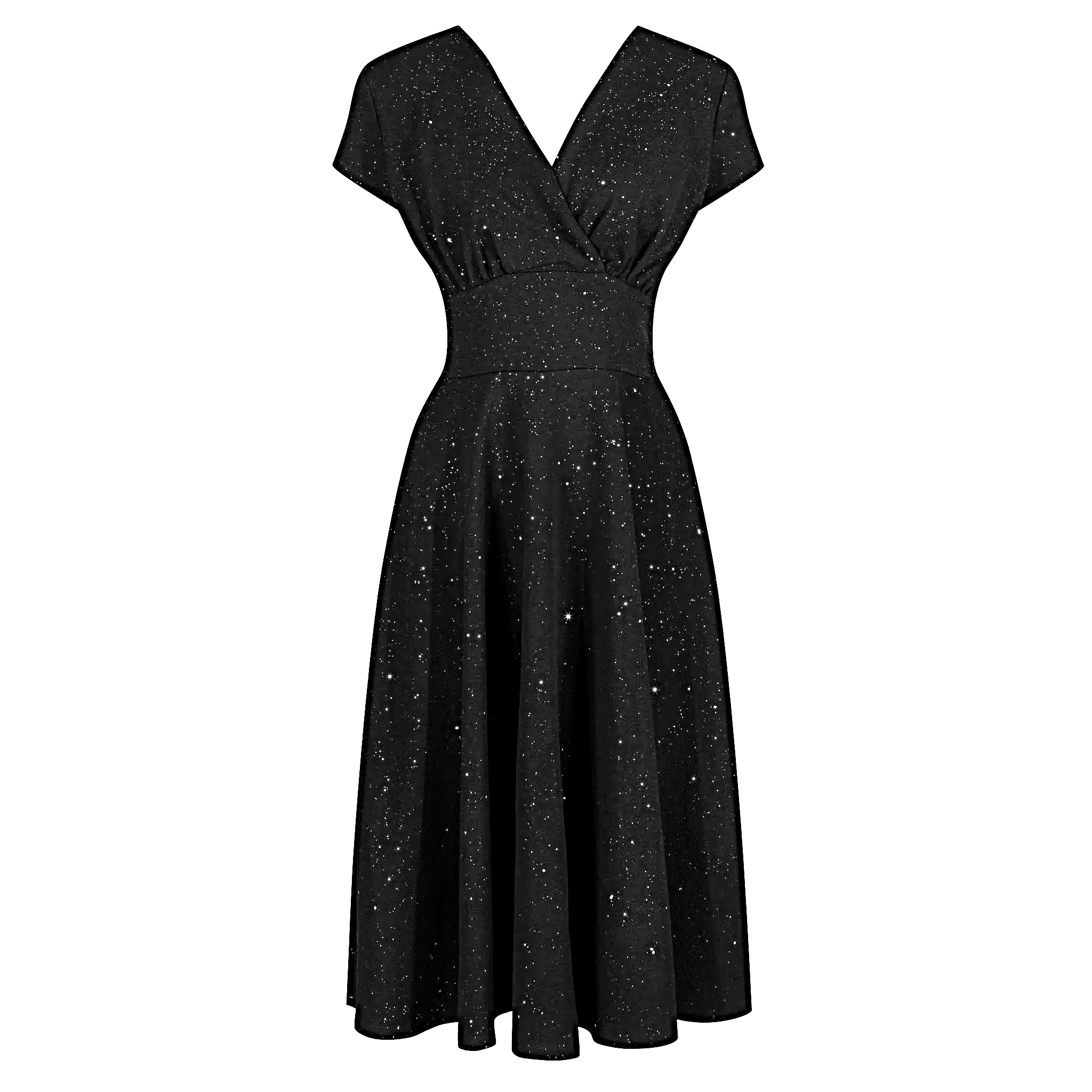 Black Sparkly Glitter A Line Crossover Top Capped Sleeve Party Dress