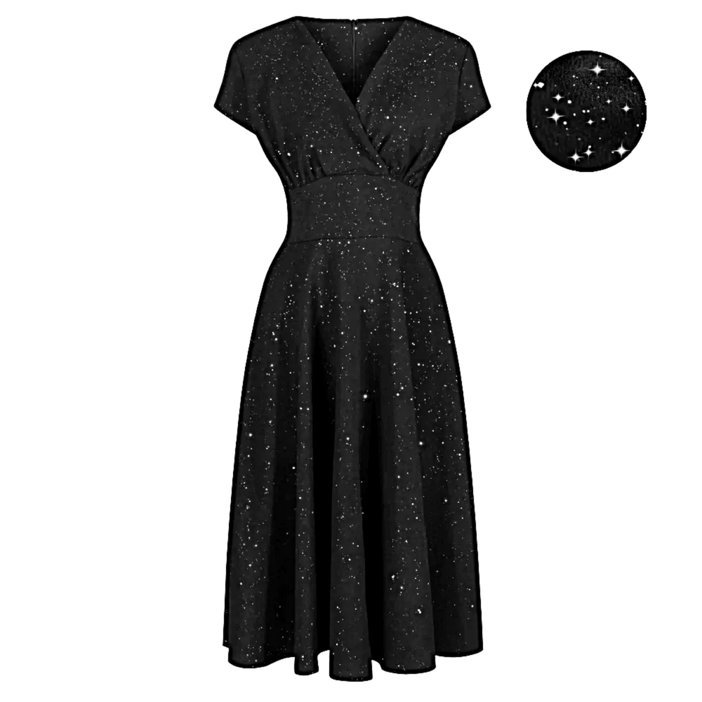 Black Sparkly Glitter A Line Crossover Top Capped Sleeve Party Dress