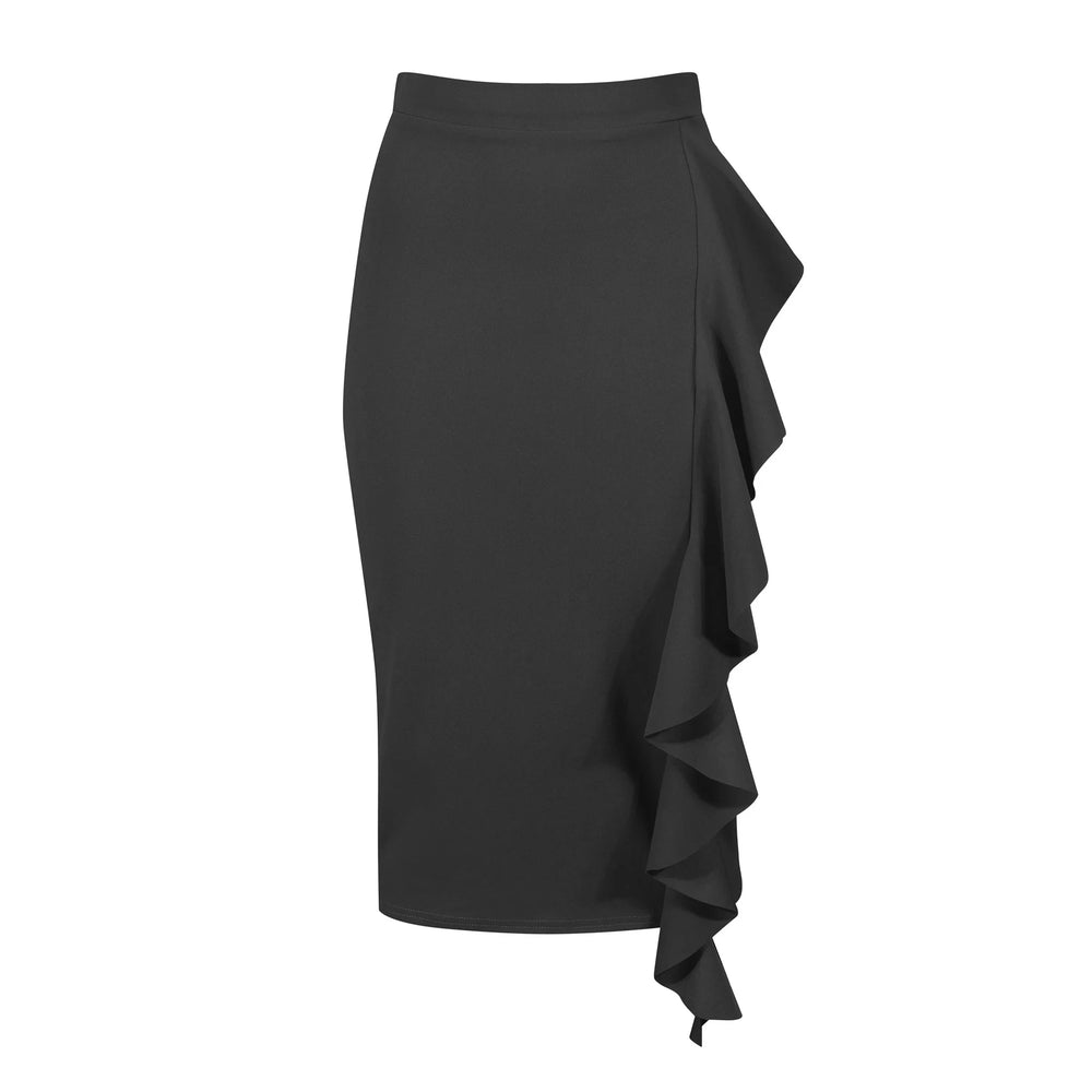 Black Waterfall Ruffle Pencil Skirt