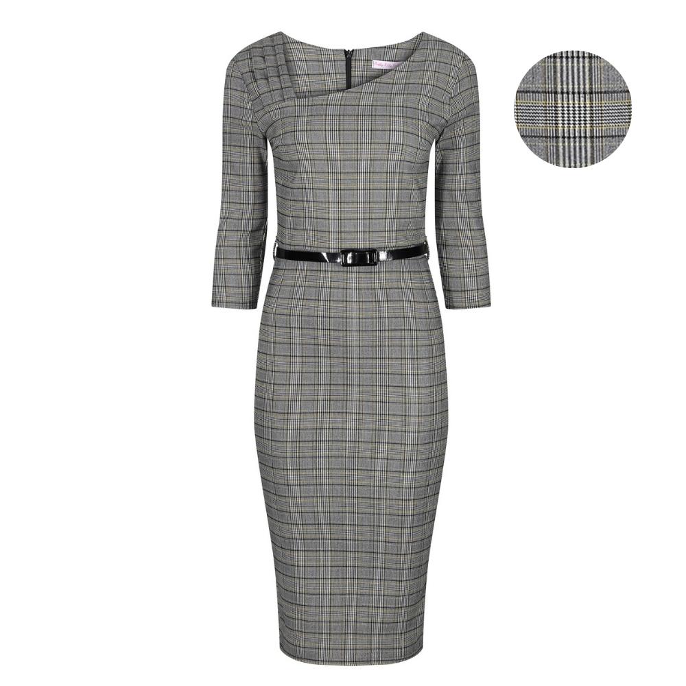 Black & White Check Tartan Vintage Belted 3/4 Sleeve Pencil Dress