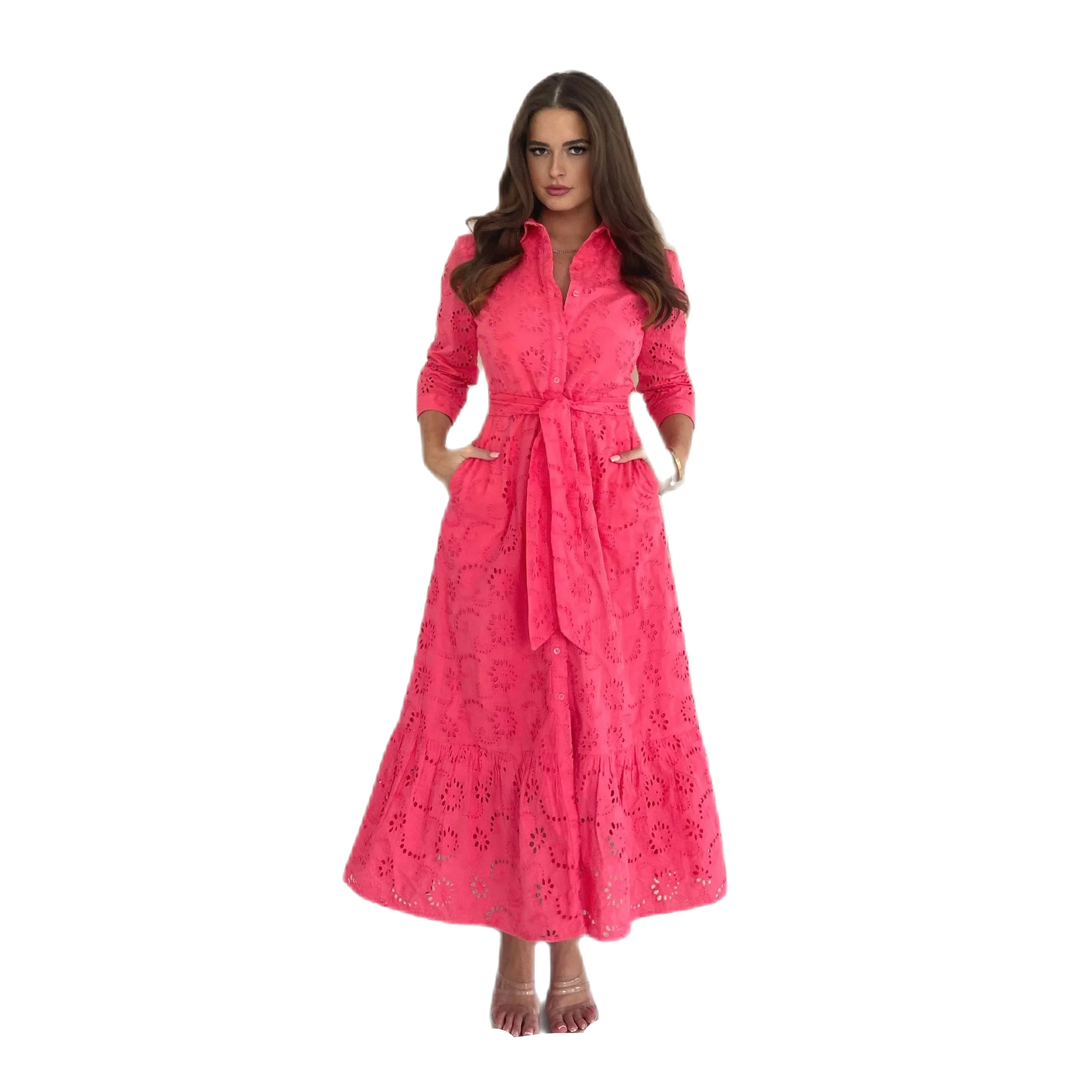 Coral Pink Broderie Anglaise Long Shirt Dress with Pockets