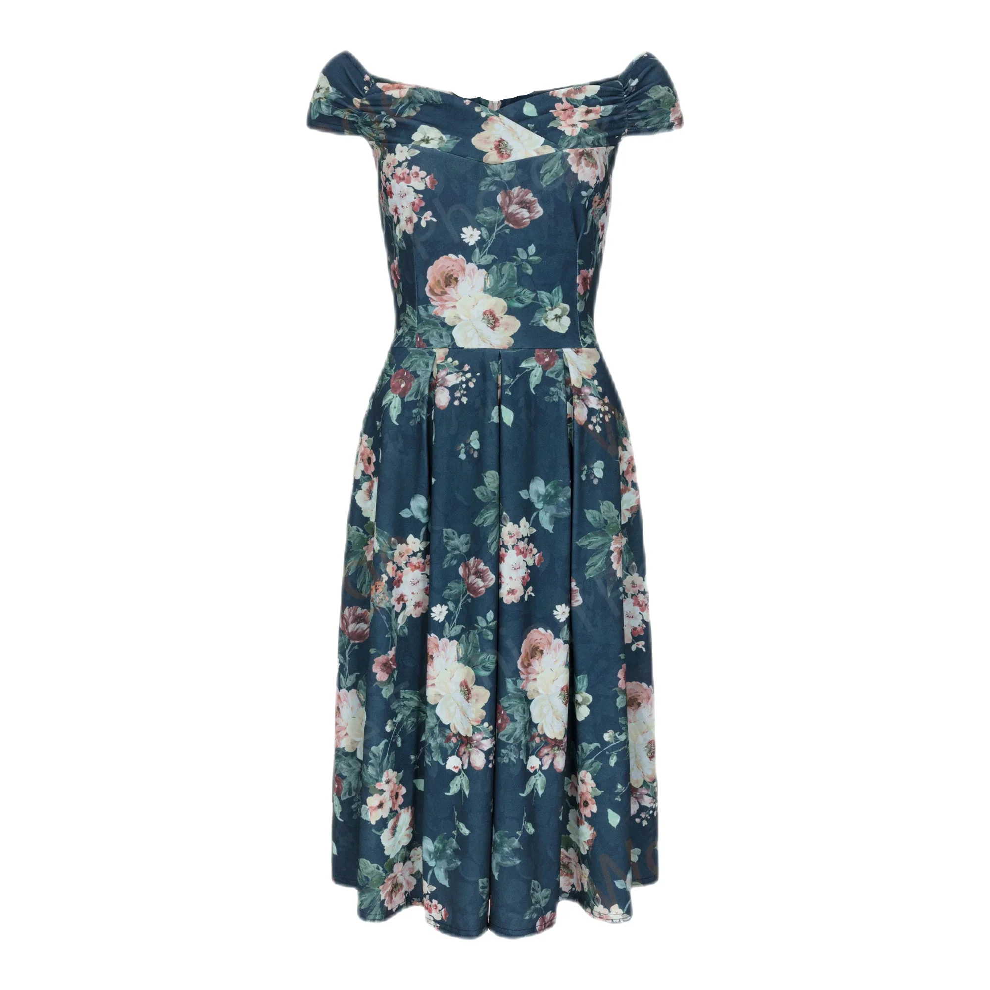 Dark Blue & Pink Floral Print Crossover Bardot 50s Swing Dress