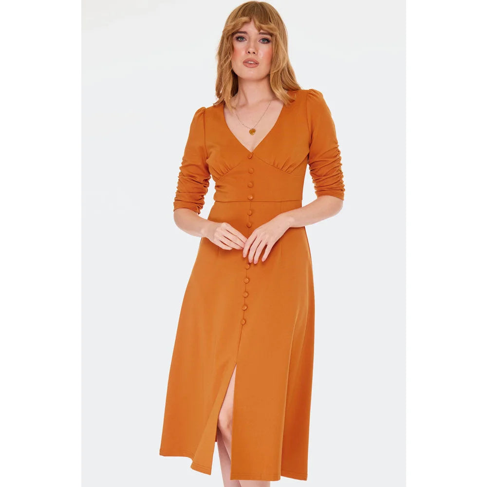 Orange Retro Button Front Gathered Sleeve Midi Dress