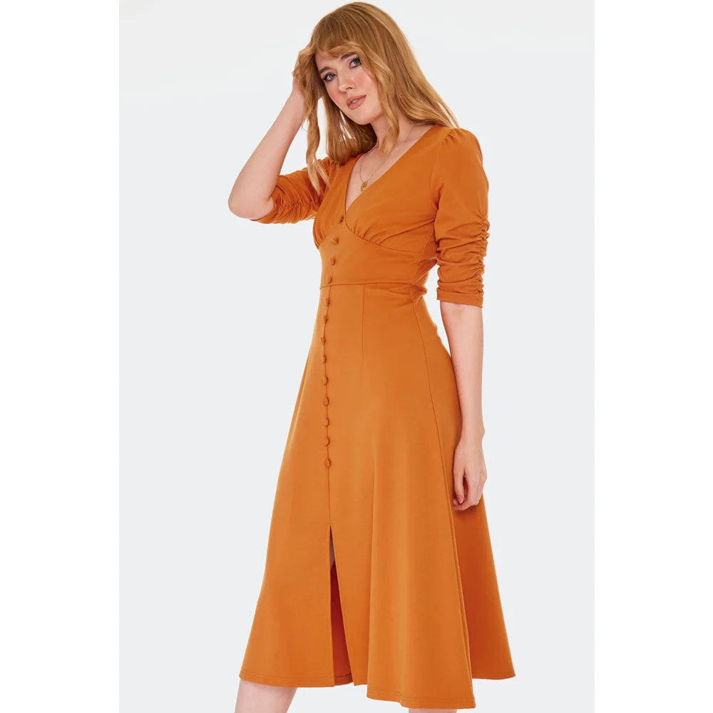 Orange Retro Button Front Gathered Sleeve Midi Dress