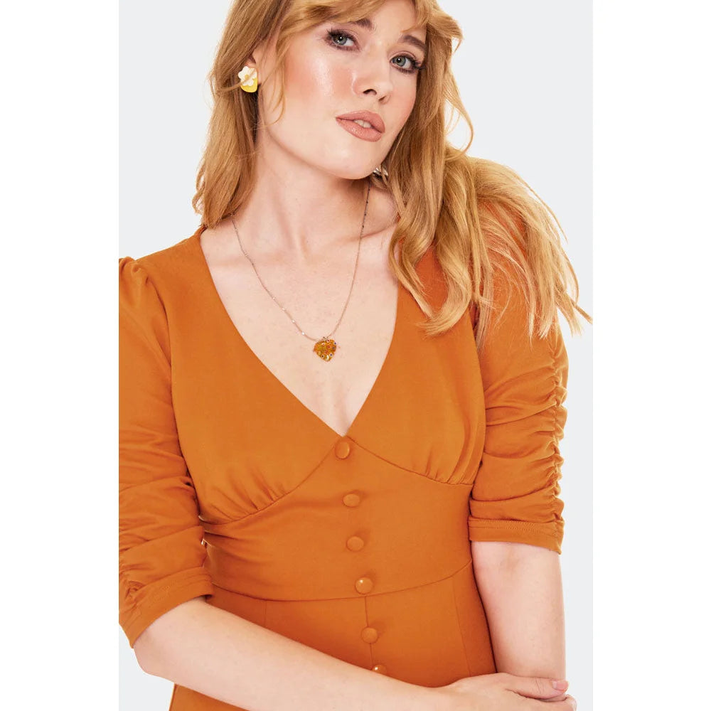 Orange Retro Button Front Gathered Sleeve Midi Dress