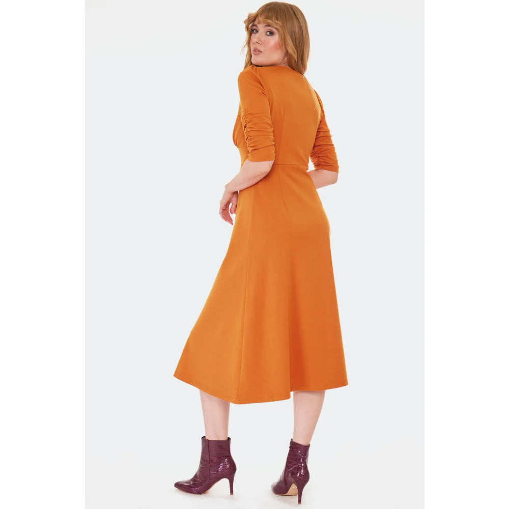 Orange Retro Button Front Gathered Sleeve Midi Dress