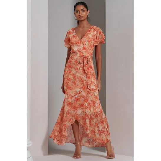 Orange Floral Print Wrap top Maxi Dress With Angel Sleeves