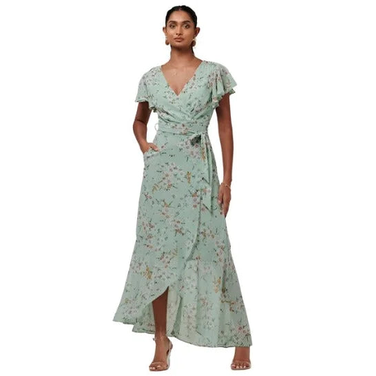 Mint Green Floral Print with White Polka Dot Wrap top Maxi Dress With Angel Sleeves