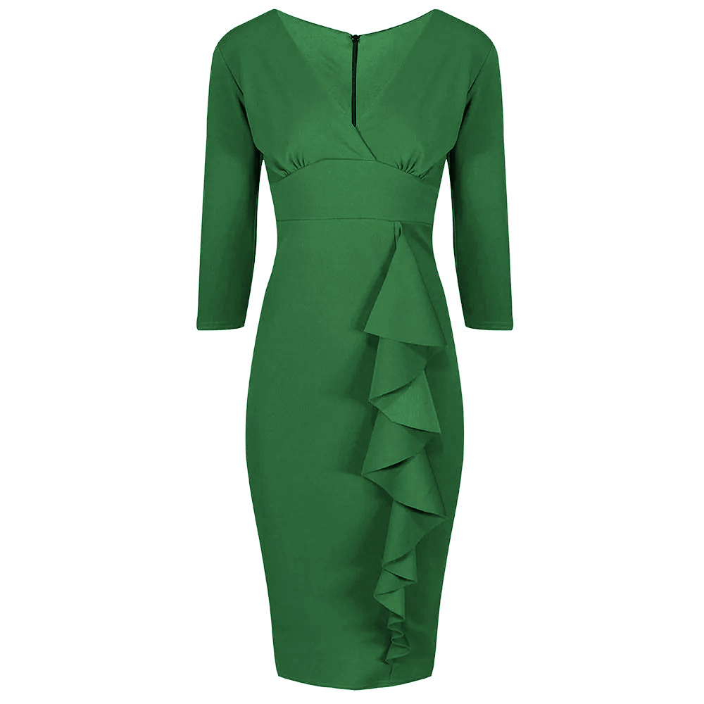Emerald Green Waterfall Ruffle Wiggle Pencil Dress With 3/4 Sleeves & Pretty Kitty Fashion Emerald Green Waterfall Ruffle Wiggle Pencil Dress With 3/4 Sleeves & Pretty Kitty Fashion