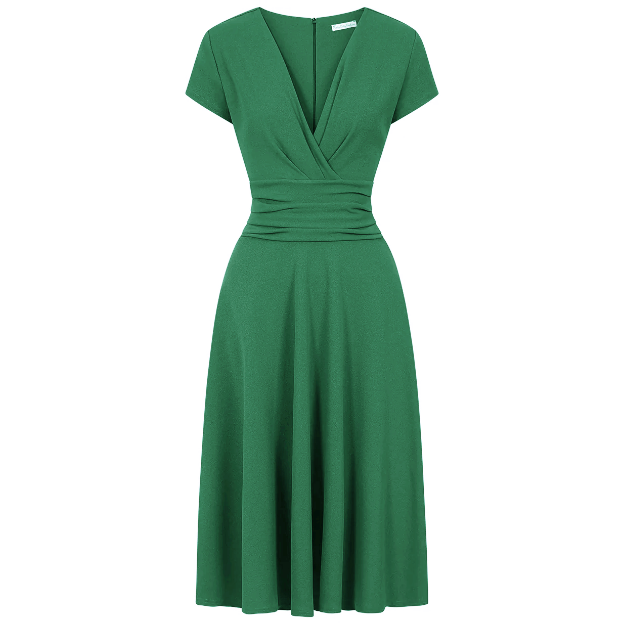 Emerald Green A Line Vintage Crossover Capped Sleeve Tea Swing Bridesmaid Midi Dress