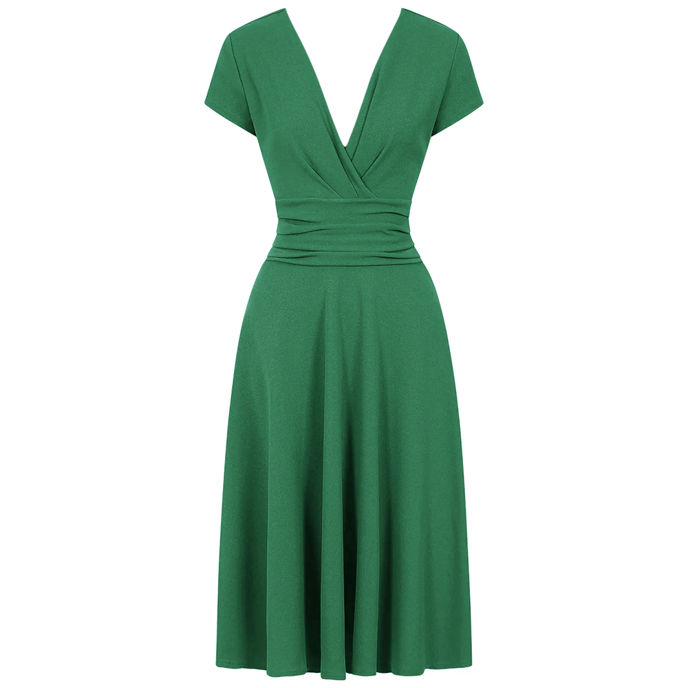 Emerald Green A Line Vintage Crossover Capped Sleeve Tea Swing Bridesmaid Midi Dress