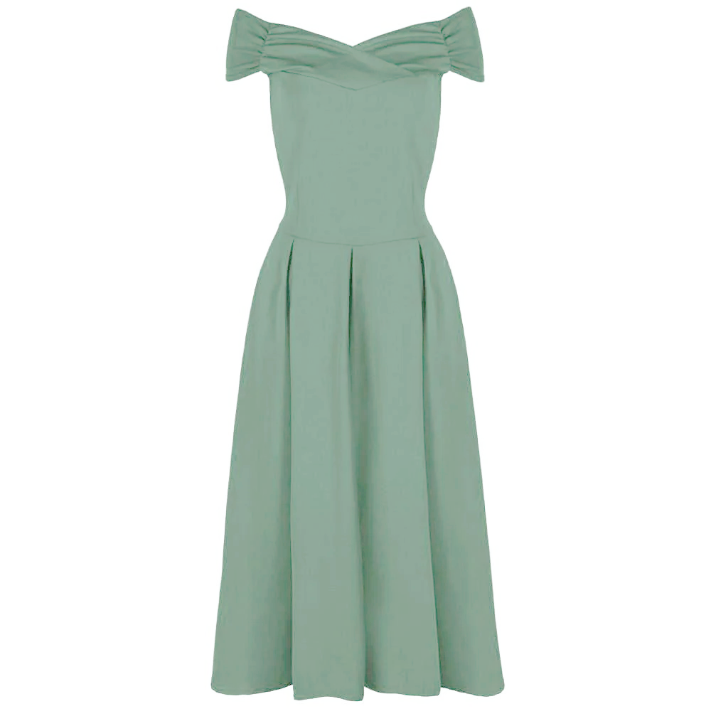 Sage Green Cap Sleeve Crossover Bardot Neckline 50s Swing Dress