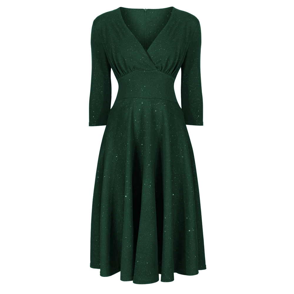 Forest Green Silver Glitter Vintage A Line Crossover 3/4 Sleeve Tea Swing Dress