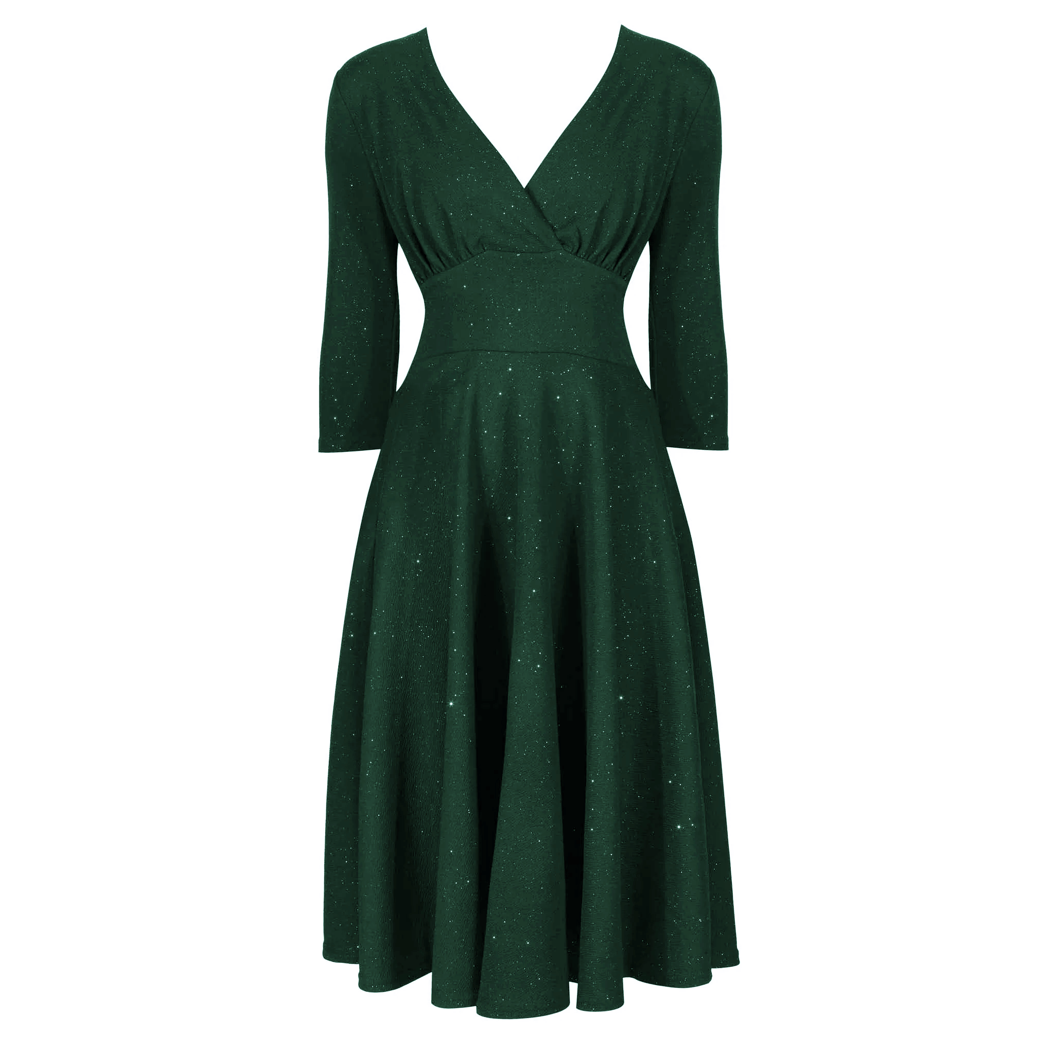 Forest Green Silver Glitter Vintage A Line Crossover 3/4 Sleeve Tea Swing Dress