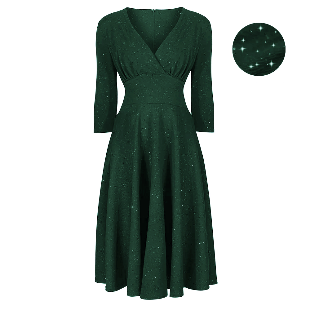 Forest Green Silver Glitter Vintage A Line Crossover 3/4 Sleeve Tea Swing Dress