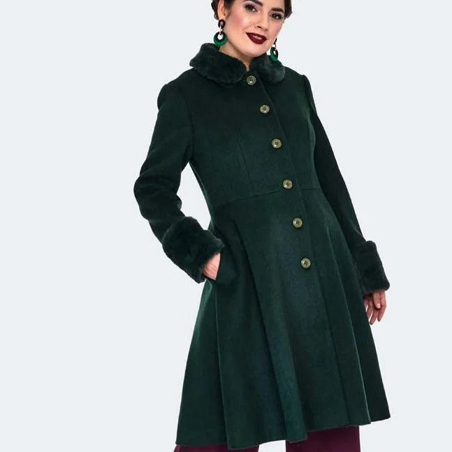 Green faux fur trim polywool flare 50s coat