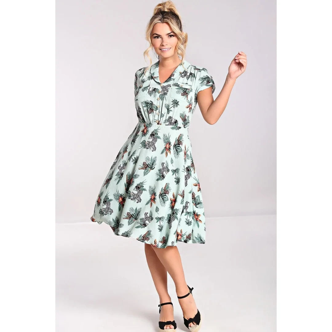 Summer Green Safari Animal Print Tea Dress with Button Detail