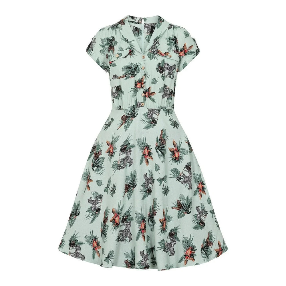 Summer Green Safari Animal Print Tea Dress with Button Detail - Pretty Kitty Fashion