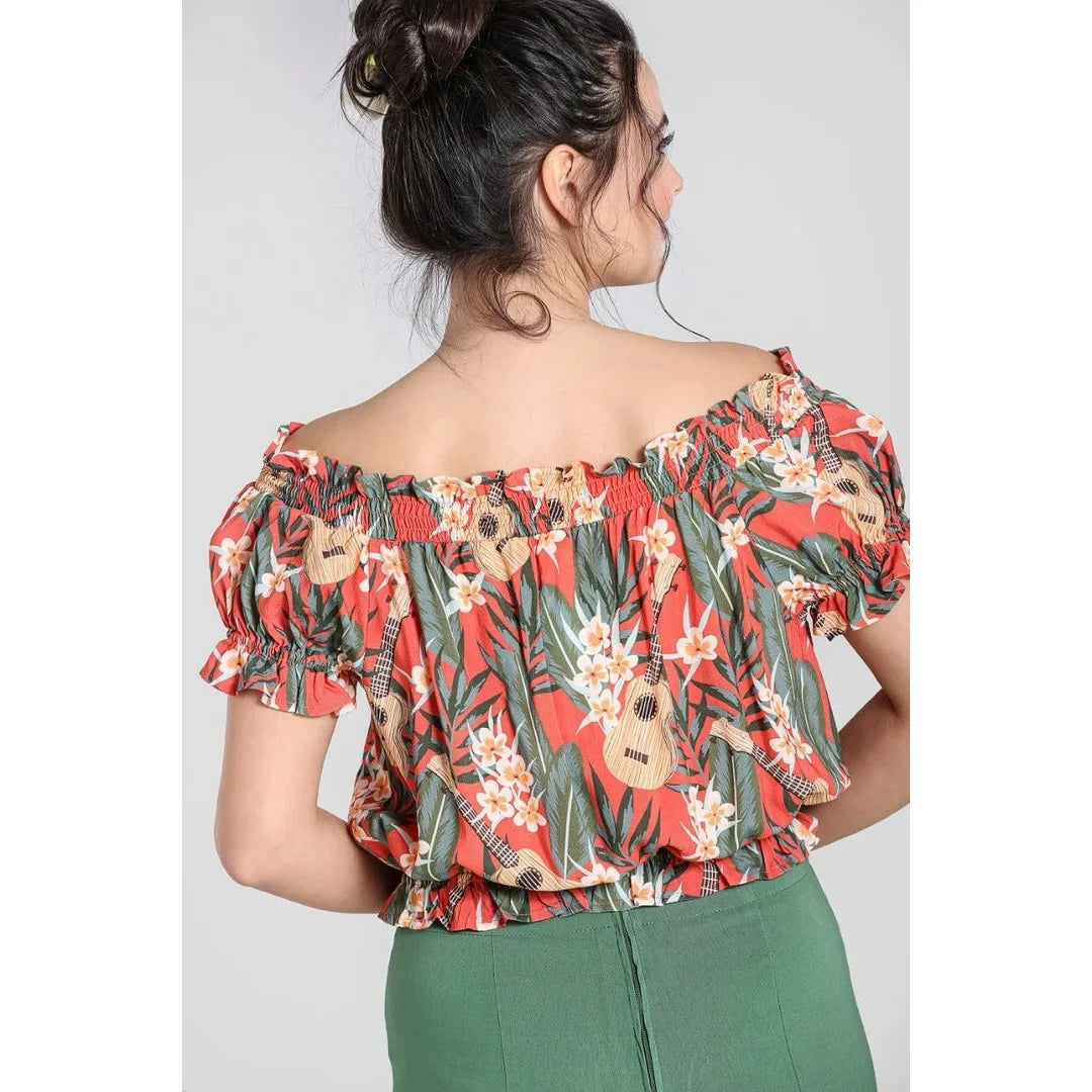 Burnt Orange Tropical Floral & Ukulele Print Off The Shoulder Top