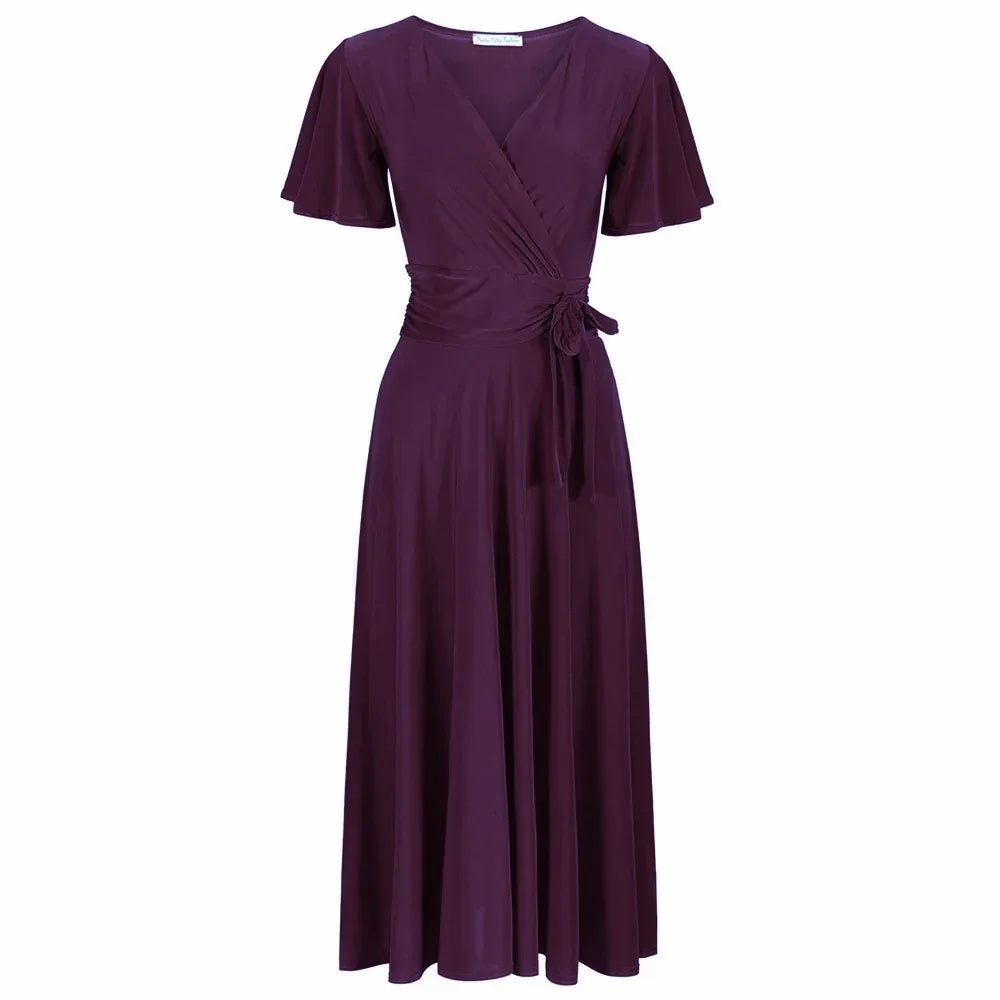 Red Cap Sleeve Crossover V Neck Wrap Top Swing Dress - Pretty Kitty Fashion