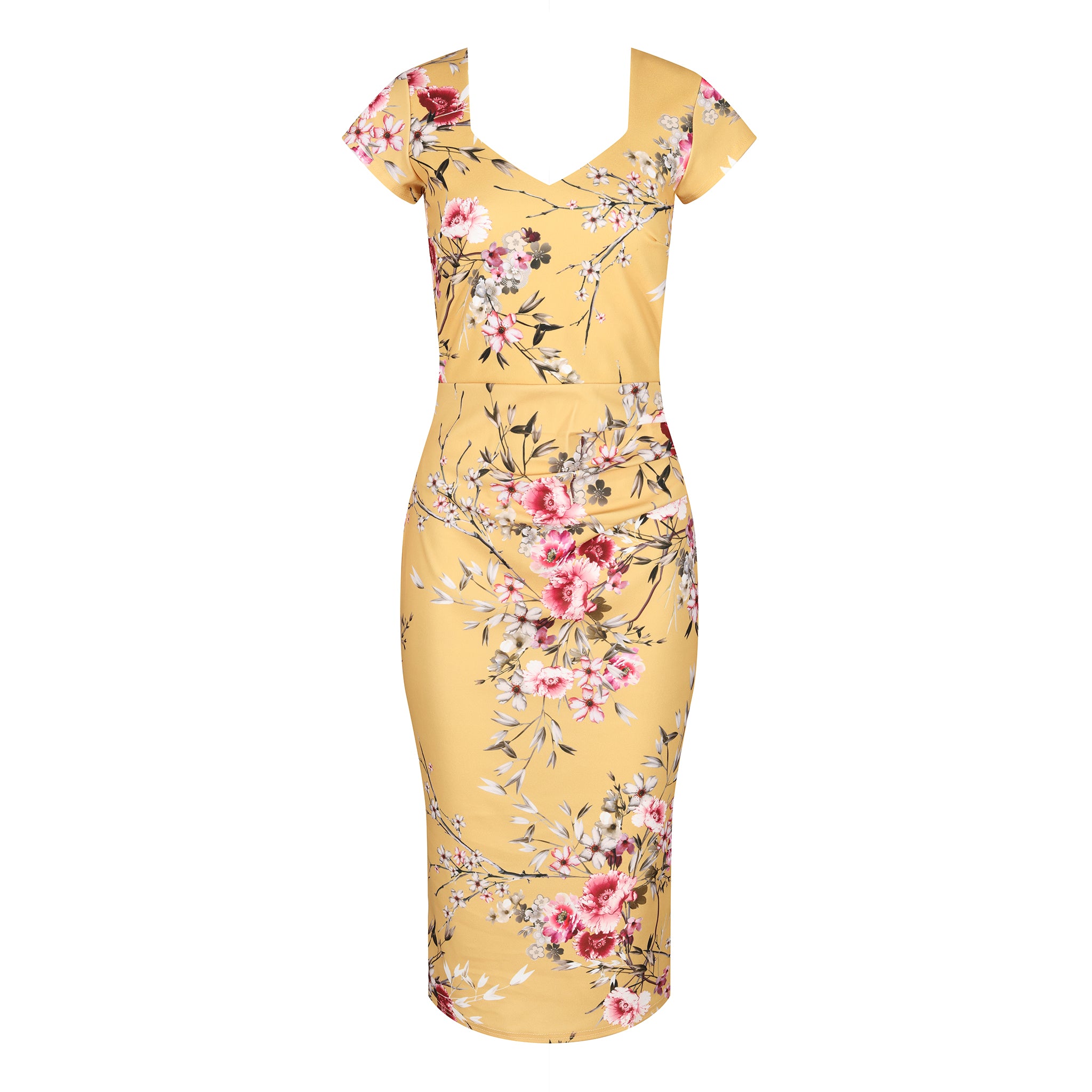 Mustard Yellow Floral Print Cap Sleeve V Neck 40s Style Wiggle Dress