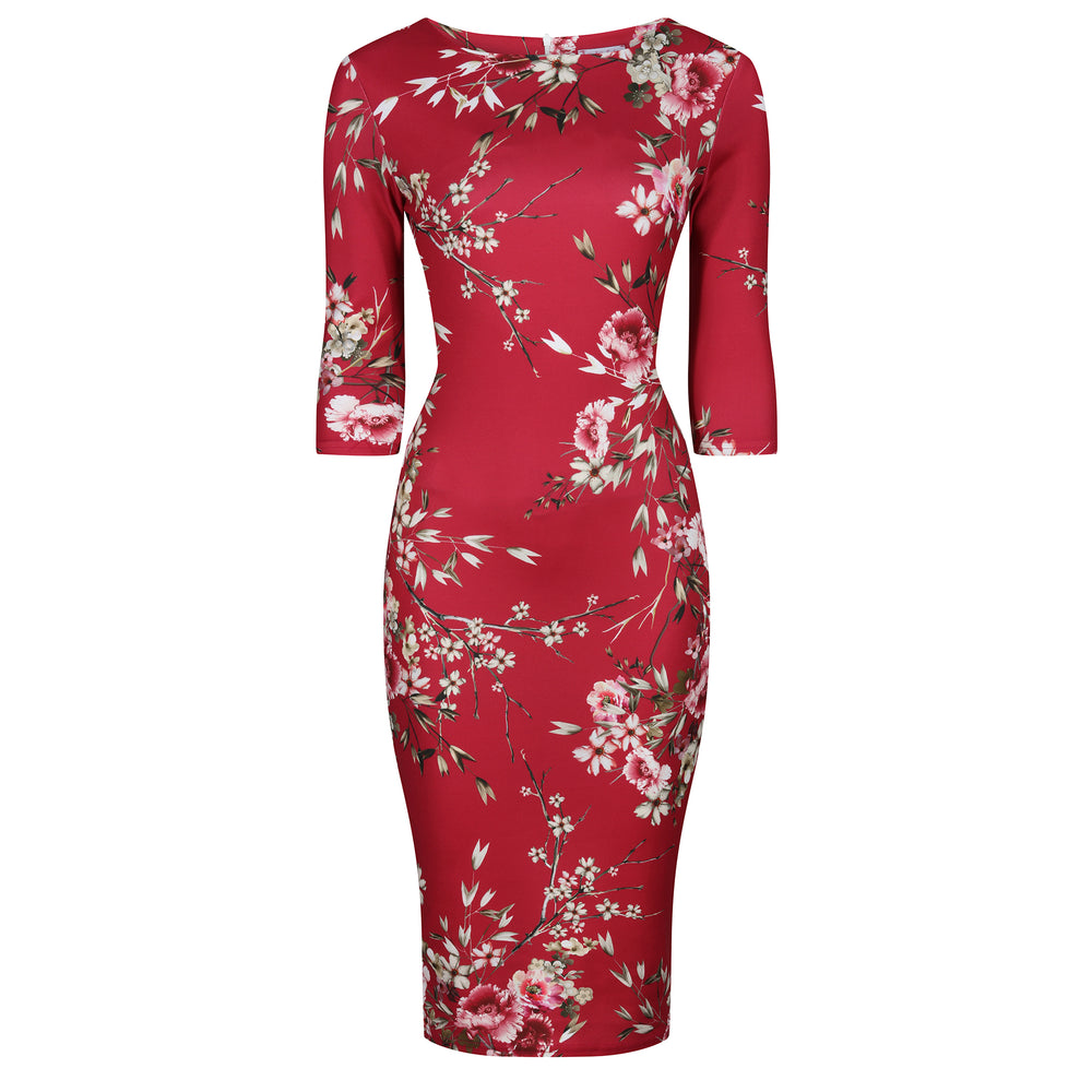Red Floral 3/4 Sleeve Bodycon Pencil Wiggle Dress - Pretty Kitty Fashion