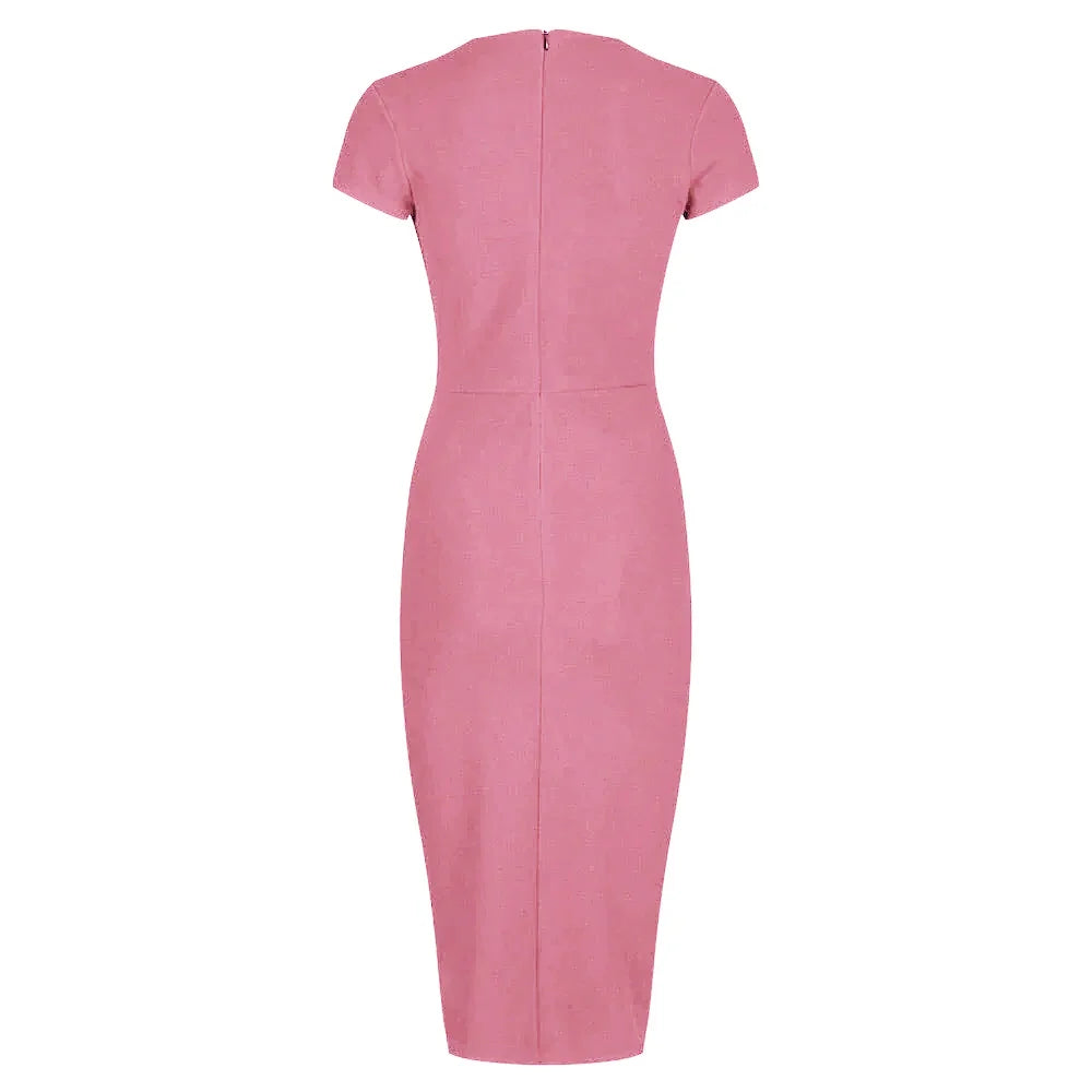 Dusky Pink Deep V Neck Cap Sleeve Ruched Waist Bodycon Wiggle Dress