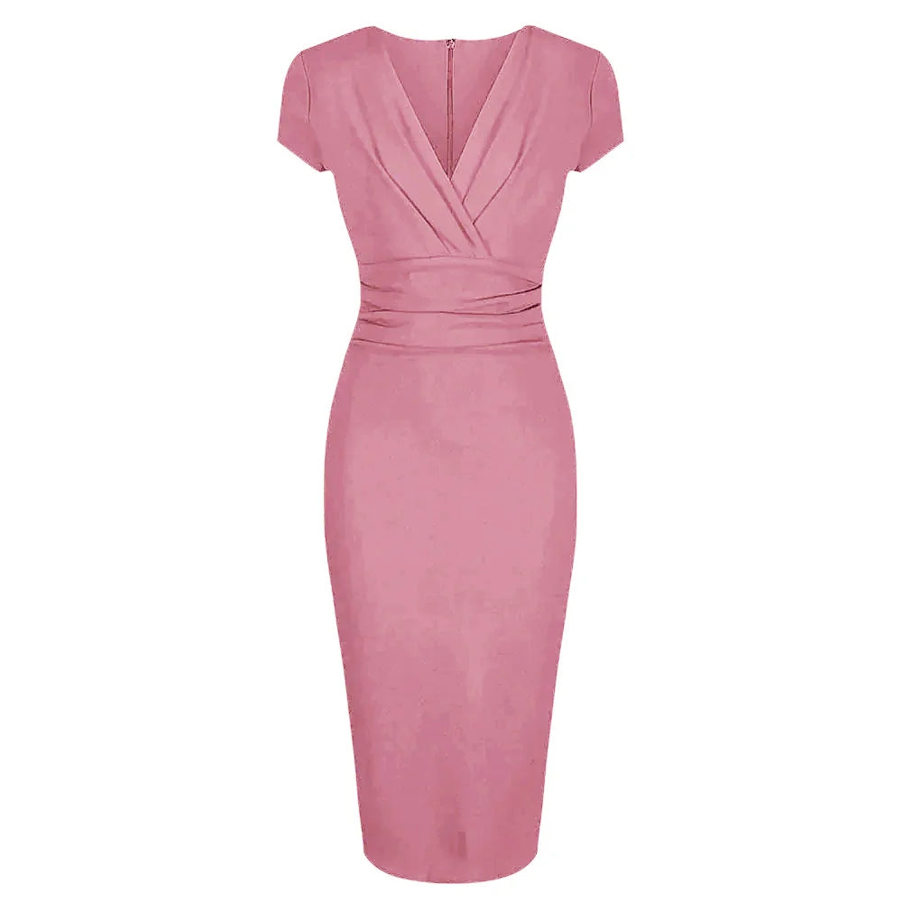 Dusky Pink Deep V Neck Cap Sleeve Ruched Waist Bodycon Wiggle Dress