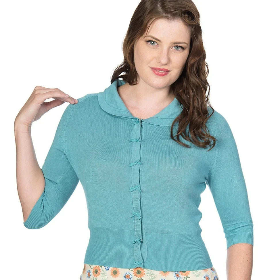 Mid Blue Short Sleeve Crop Collar Cardigan